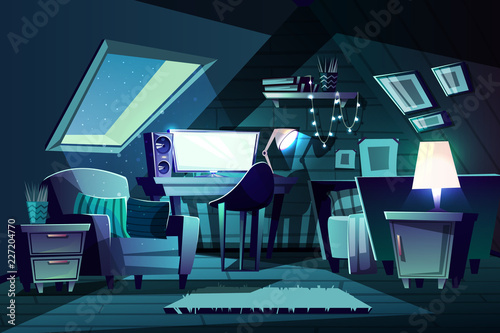 Vector illustration of girl s room at night. Cartoon garret with window, armchair with cushion and furniture. Cozy attic in moonlight with switched-on monitor, garland. Bedroom, living room background