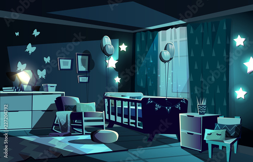 Vector illustration of newborn kid or nursery room at night in moonlight. Modern interior with bed, shining stars and furniture in Scandinavian style. Chair with pillow, carpet and butterflies on wall