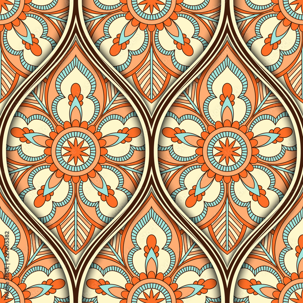 Seamless pattern with ethnic mandala ornament. Hand drawn illustration