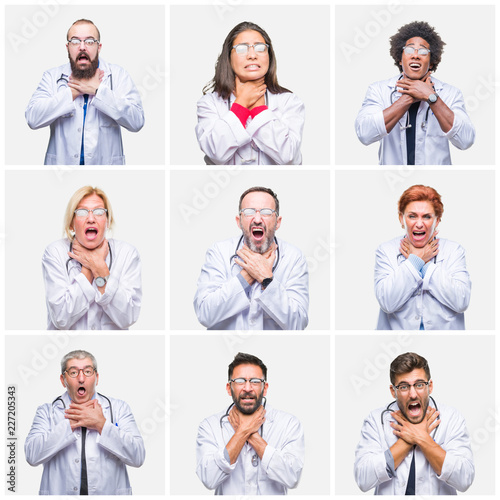Cuadro en lienzo Collage of group of doctor people wearing stethoscope over isolated background shouting and suffocate because painful strangle