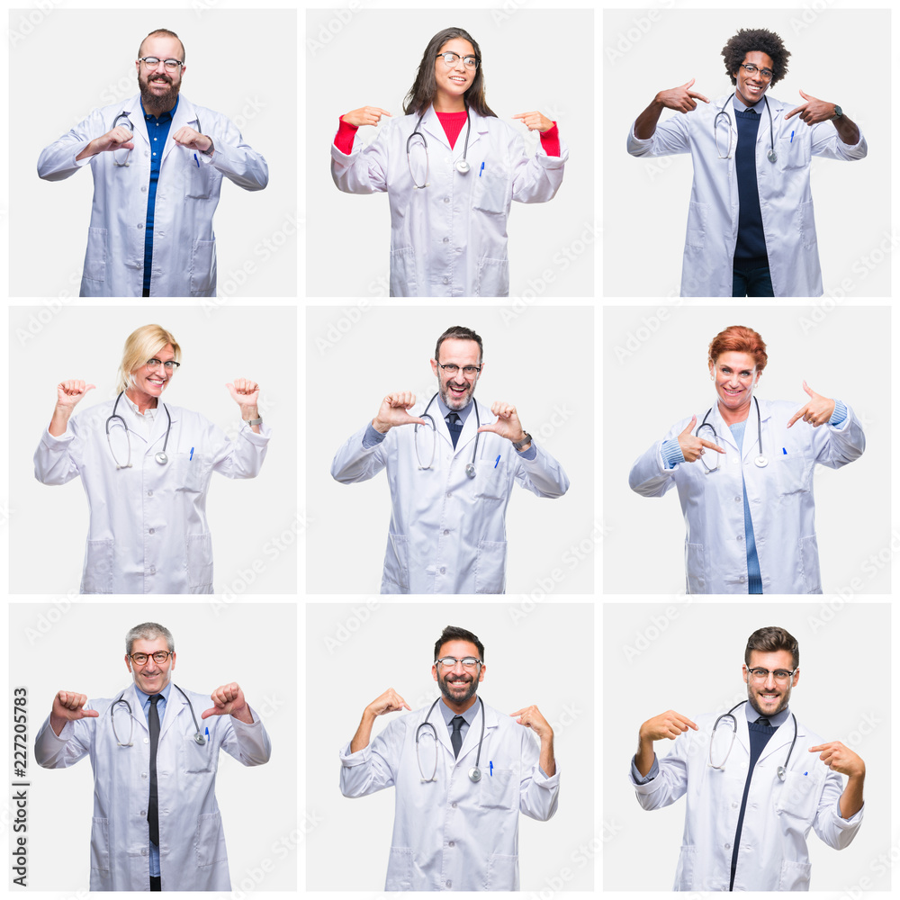 Collage of group of doctor people wearing stethoscope over isolated background looking confident with smile on face, pointing oneself with fingers proud and happy. Collage of group of doctor people wearing stethoscope over isolated background looking confident with smile on face, pointing oneself with fingers proud and happy.