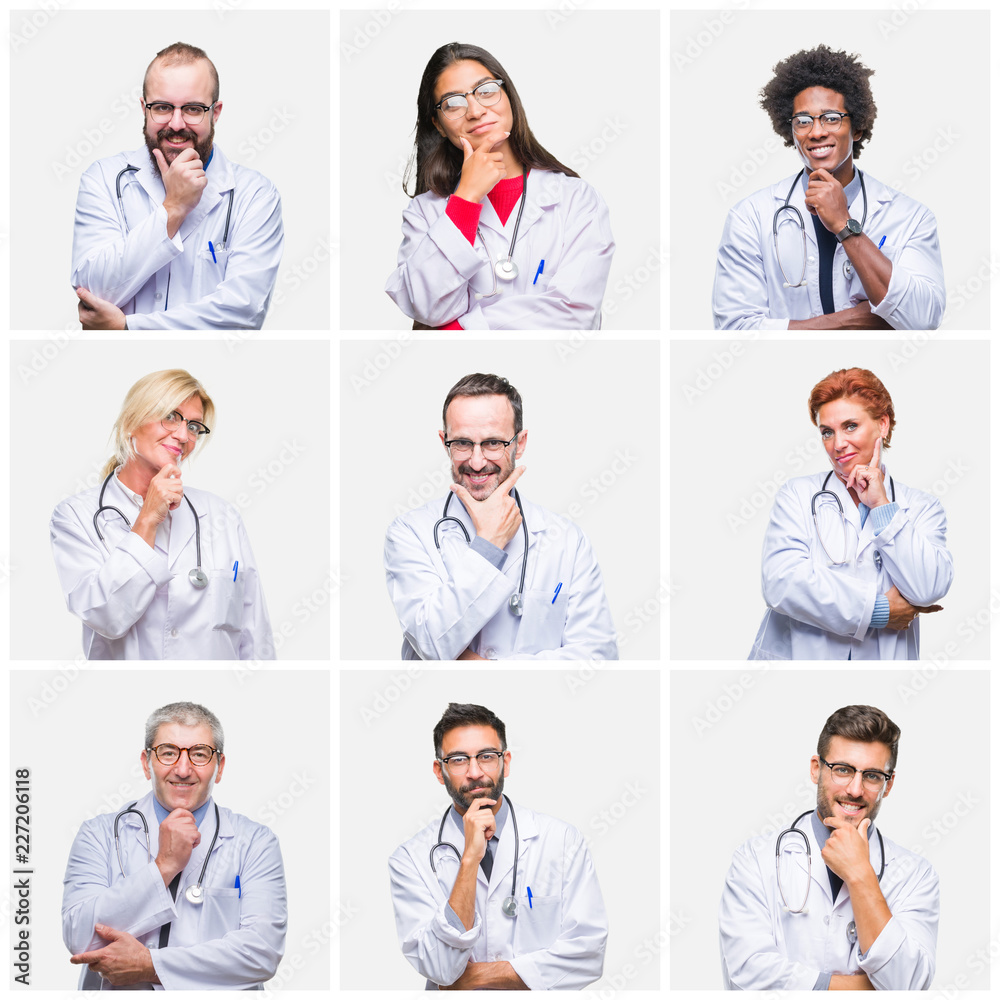 Collage of group of doctor people wearing stethoscope over isolated background looking confident at the camera with smile with crossed arms and hand raised on chin. Thinking positive. Collage of group of doctor people wearing stethoscope over isolated background looking confident at the camera with smile with crossed arms and hand raised on chin. Thinking positive.