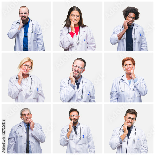 Collage of group of doctor people wearing stethoscope over isolated background touching mouth with hand with painful expression because of toothache or dental illness on teeth. Dentist concept.
