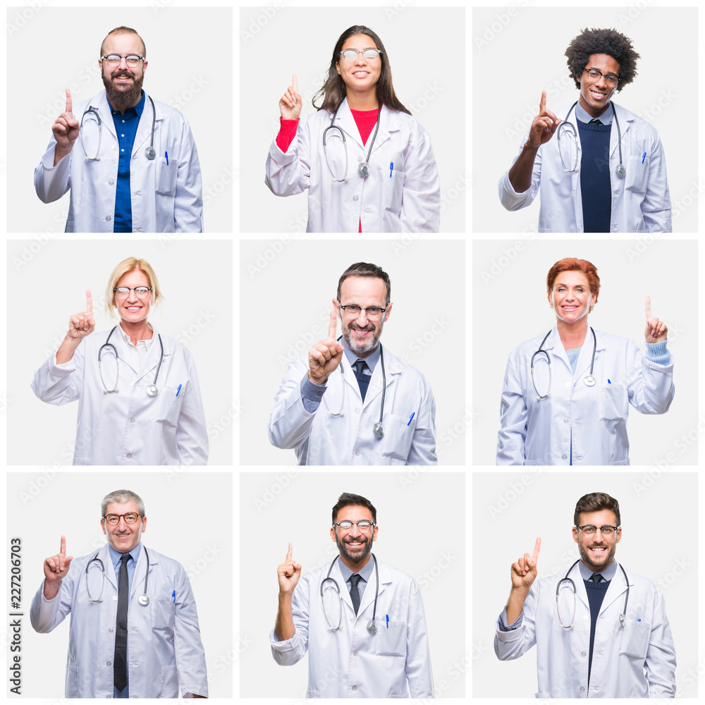 Collage of group of doctor people wearing stethoscope over isolated background showing and pointing up with finger number one while smiling confident and happy. Collage of group of doctor people wearing stethoscope over isolated background showing and pointing up with finger number one while smiling confident and happy.