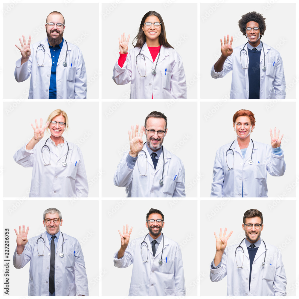Collage of group of doctor people wearing stethoscope over isolated background showing and pointing up with fingers number four while smiling confident and happy. Collage of group of doctor people wearing stethoscope over isolated background showing and pointing up with fingers number four while smiling confident and happy.