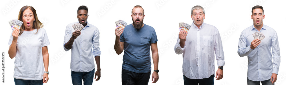 Collage of group of business people holding bunch of dollars cash over isolated background scared in shock with a surprise face, afraid and excited with fear expression Collage of group of business people holding bunch of dollars cash over isolated background scared in shock with a surprise face, afraid and excited with fear expression