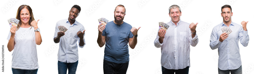 Collage of group of business people holding bunch of dollars cash over isolated background pointing and showing with thumb up to the side with happy face smiling Collage of group of business people holding bunch of dollars cash over isolated background pointing and showing with thumb up to the side with happy face smiling