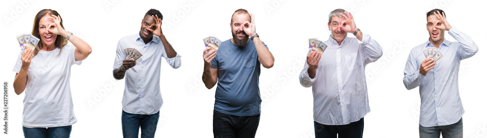 Collage of group of business people holding bunch of dollars cash over isolated background with happy face smiling doing ok sign with hand on eye looking through fingers Collage of group of business people holding bunch of dollars cash over isolated background with happy face smiling doing ok sign with hand on eye looking through fingers