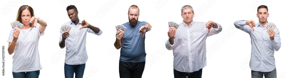 Collage of group of business people holding bunch of dollars cash over isolated background with angry face, negative sign showing dislike with thumbs down, rejection concept Collage of group of business people holding bunch of dollars cash over isolated background with angry face, negative sign showing dislike with thumbs down, rejection concept