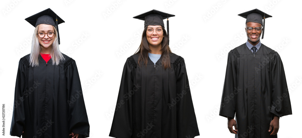 Collage of group of young student people wearing univerty graduated uniform over isolated background with a happy and cool smile on face. Lucky person.