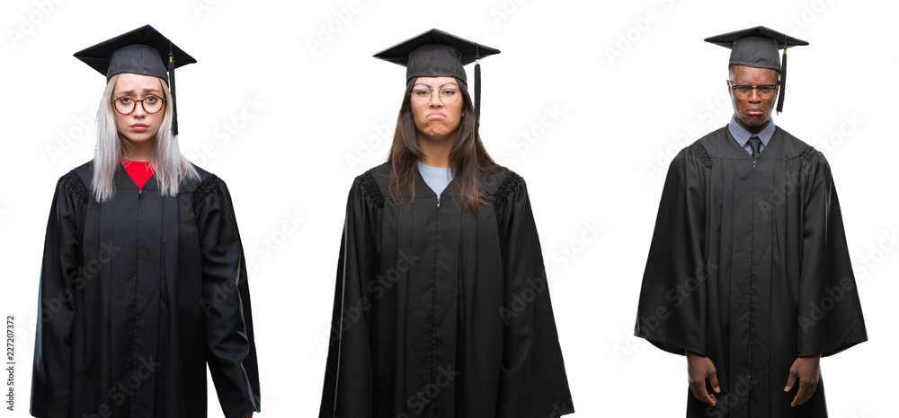 Collage of group of young student people wearing univerty graduated uniform over isolated background depressed and worry for distress, crying angry and afraid. Sad expression.
