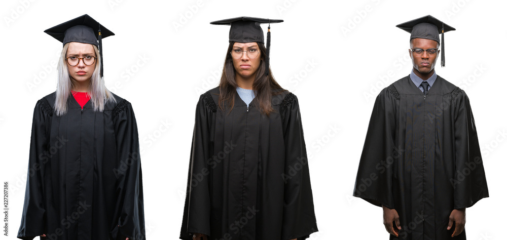 Collage of group of young student people wearing univerty graduated uniform over isolated background skeptic and nervous, frowning upset because of problem. Negative person.