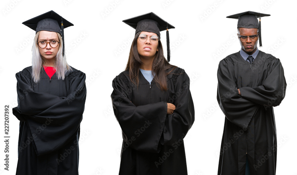 Collage of group of young student people wearing univerty graduated uniform over isolated background skeptic and nervous, disapproving expression on face with crossed arms. Negative person.