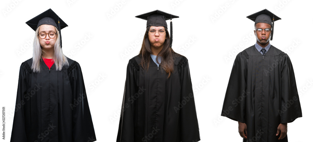 Collage of group of young student people wearing univerty graduated uniform over isolated background puffing cheeks with funny face. Mouth inflated with air, crazy expression.