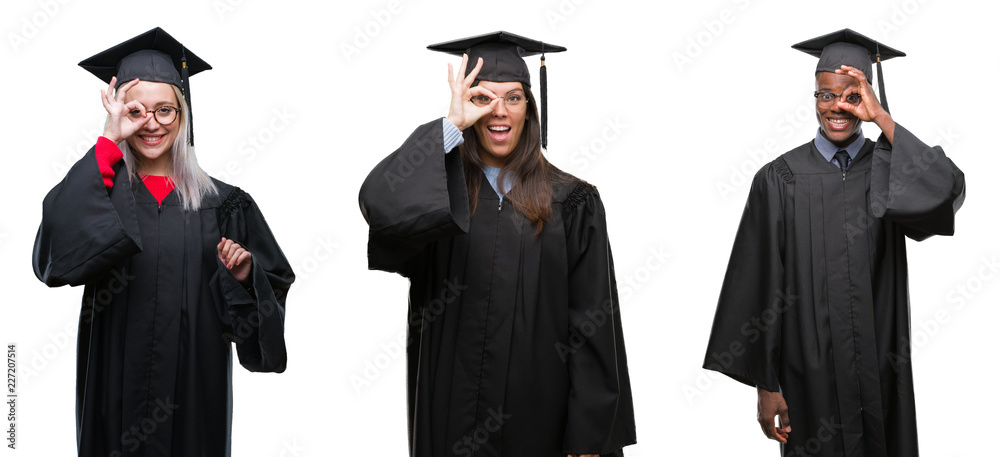Collage of group of young student people wearing univerty graduated uniform over isolated background doing ok gesture with hand smiling, eye looking through fingers with happy face.