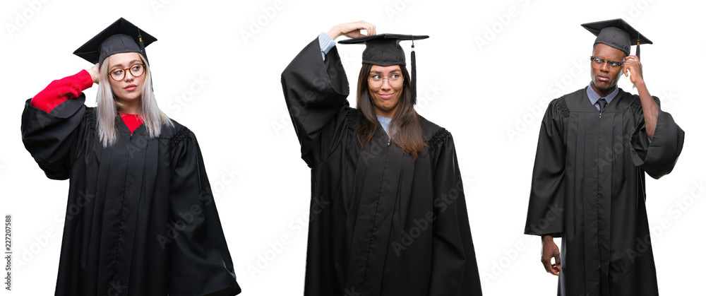 Collage of group of young student people wearing univerty graduated uniform over isolated background confuse and wonder about question. Uncertain with doubt, thinking with hand on head