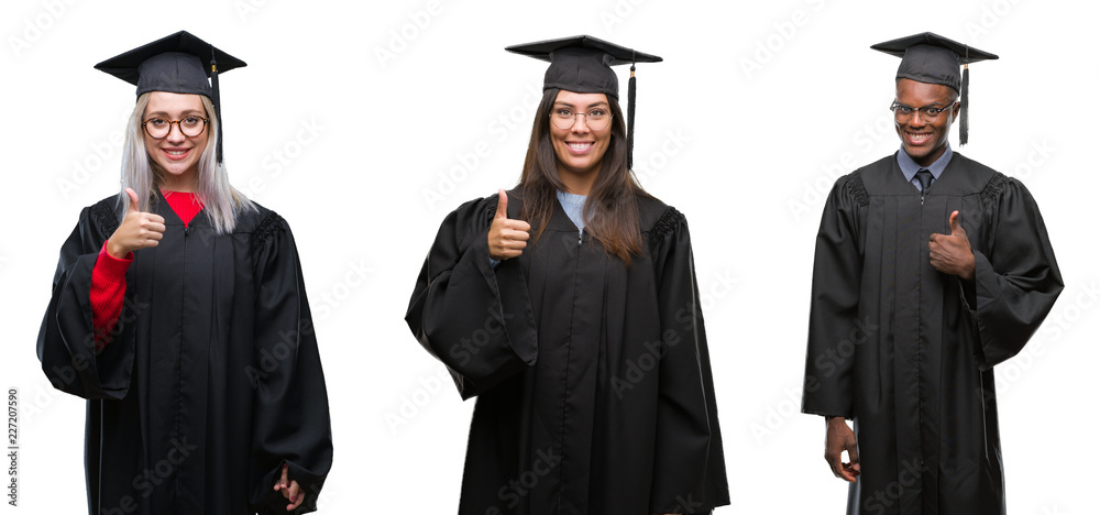 Collage of group of young student people wearing univerty graduated uniform over isolated background doing happy thumbs up gesture with hand. Approving expression looking at the camera 