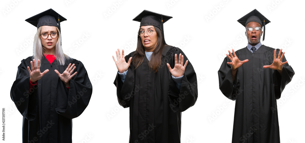 Collage of group of young student people wearing univerty graduated uniform over isolated background afraid and terrified with fear expression stop gesture with hands, shouting in shock
