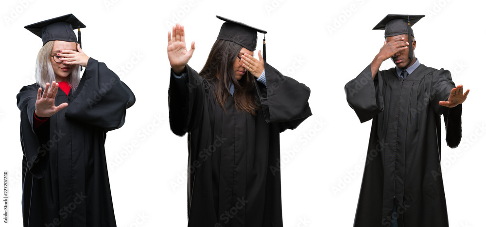Collage of group of young student people wearing univerty graduated uniform over isolated background covering eyes with hands and doing stop gesture with sad and fear expression. Embarrassed