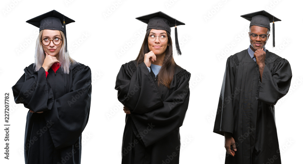 Collage of group of young student people wearing univerty graduated uniform over isolated background with hand on chin thinking about question, pensive expression. Smiling with thoughtful face