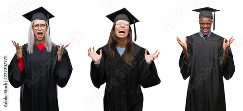 Collage of group of young student people wearing univerty graduated uniform over isolated background crazy and mad shouting and yelling with aggressive expression and arms raised. Frustration concept.