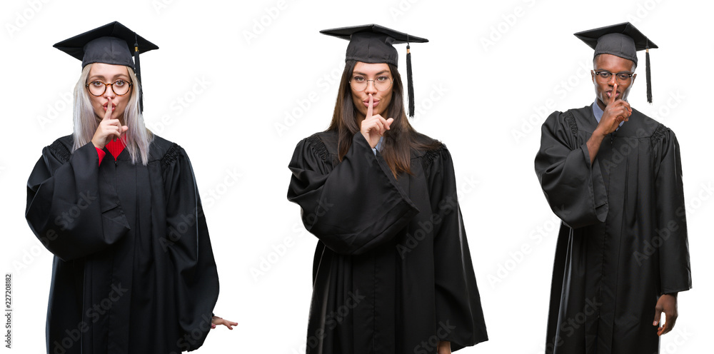 Collage of group of young student people wearing univerty graduated uniform over isolated background asking to be quiet with finger on lips. Silence and secret concept.