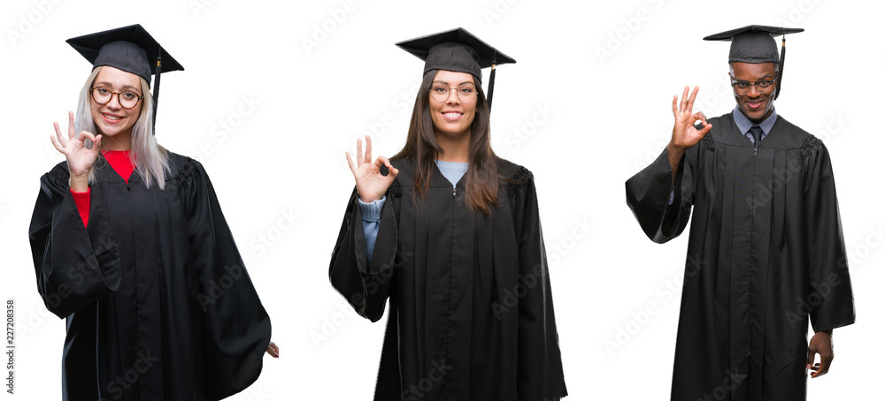 Collage of group of young student people wearing univerty graduated uniform over isolated background smiling positive doing ok sign with hand and fingers. Successful expression.