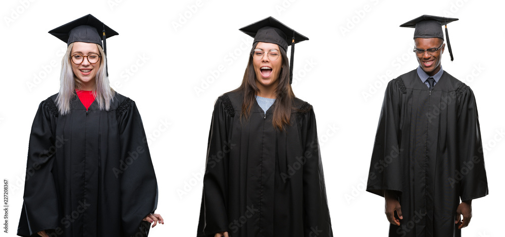 Collage of group of young student people wearing univerty graduated uniform over isolated background winking looking at the camera with sexy expression, cheerful and happy face.