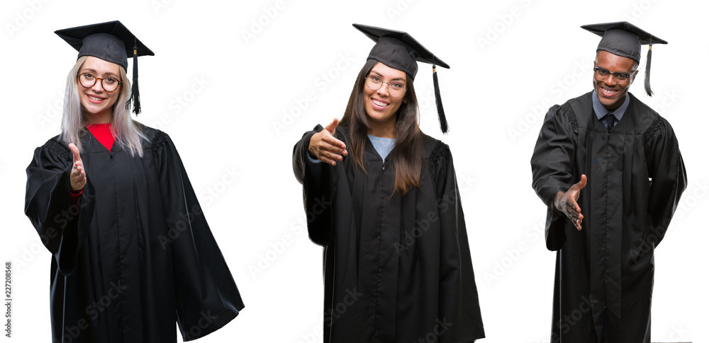 Collage of group of young student people wearing univerty graduated uniform over isolated background smiling friendly offering handshake as greeting and welcoming. Successful business.