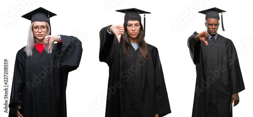 Collage of group of young student people wearing univerty graduated uniform over isolated background looking unhappy and angry showing rejection and negative with thumbs down gesture. Bad expression.