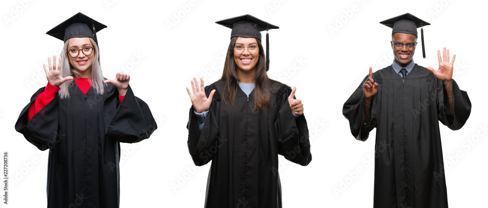 Collage of group of young student people wearing univerty graduated uniform over isolated background showing and pointing up with fingers number six while smiling confident and happy.