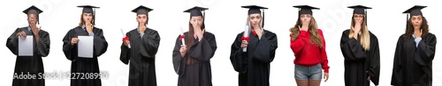 Collage of group of young student people wearing univerty graduated uniform over isolated background cover mouth with hand shocked with shame for mistake, expression of fear, scared in silence