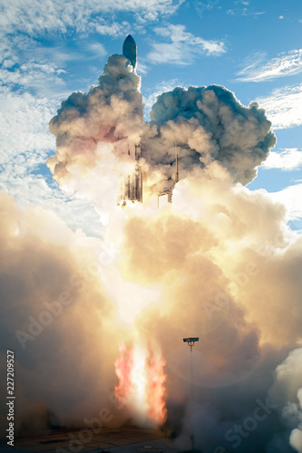 Spaceship launch at daytime. The elements of this image furnished by NASA.