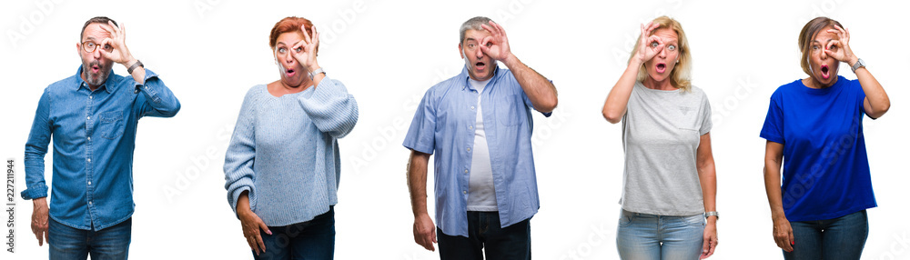 Collage of group of middle age and senior people over isolated background doing ok gesture shocked with surprised face, eye looking through fingers. Unbelieving expression. Collage of group of middle age and senior people over isolated background doing ok gesture shocked with surprised face, eye looking through fingers. Unbelieving expression.