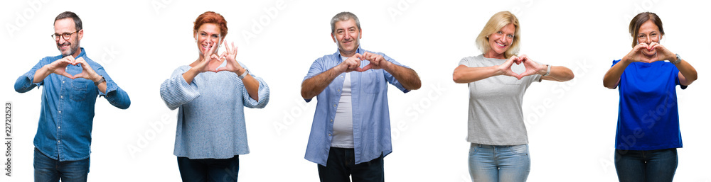 Collage of group of middle age and senior people over isolated background smiling in love showing heart symbol and shape with hands. Romantic concept. Collage of group of middle age and senior people over isolated background smiling in love showing heart symbol and shape with hands. Romantic concept.