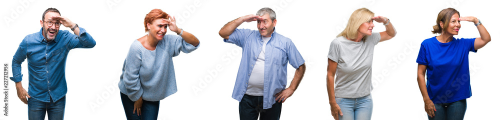 Collage of group of middle age and senior people over isolated background very happy and smiling looking far away with hand over head. Searching concept. Collage of group of middle age and senior people over isolated background very happy and smiling looking far away with hand over head. Searching concept.