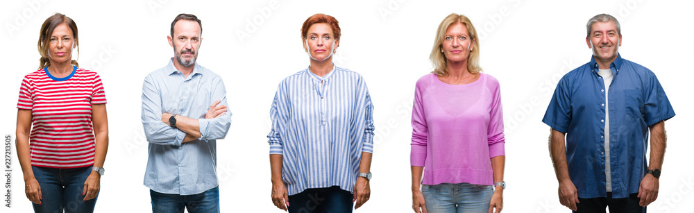 Collage of group of middle age and senior people over isolated background with serious expression on face. Simple and natural looking at the camera. Collage of group of middle age and senior people over isolated background with serious expression on face. Simple and natural looking at the camera.