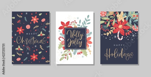 Set of Christmas and Happy New Year greeting cards with handwritten calligraphy and hand drawn decorative elements. Trendy vintage style.
