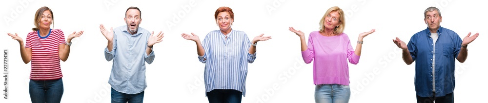 Collage of group of middle age and senior people over isolated background clueless and confused expression with arms and hands raised. Doubt concept. Collage of group of middle age and senior people over isolated background clueless and confused expression with arms and hands raised. Doubt concept.