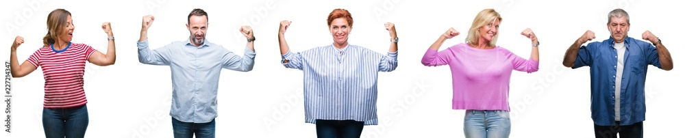 Collage of group of middle age and senior people over isolated background showing arms muscles smiling proud. Fitness concept. Collage of group of middle age and senior people over isolated background showing arms muscles smiling proud. Fitness concept.