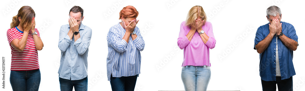 Collage of group of middle age and senior people over isolated background with sad expression covering face with hands while crying. Depression concept. Collage of group of middle age and senior people over isolated background with sad expression covering face with hands while crying. Depression concept.