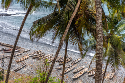 Fototapeta Naklejka Na Ścianę i Meble -  Boats on the beach, Palm tree fishing landscape of Sâo Tomé and Principe. Mountains like Pico Cão Grande. Travel to Sao Tome and Principe. Beautiful paradise island