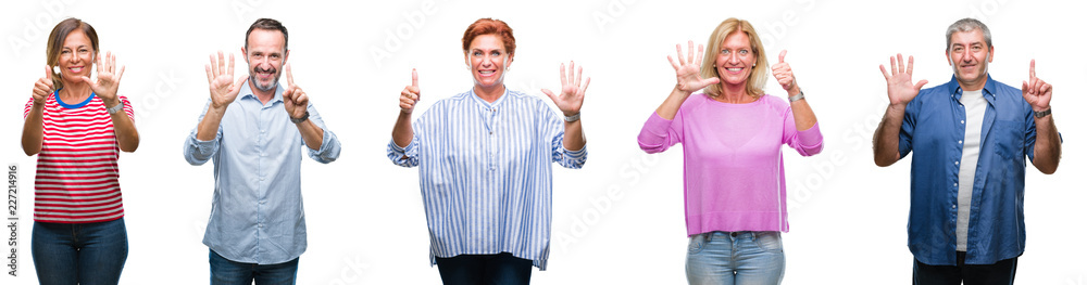 Collage of group of middle age and senior people over isolated background showing and pointing up with fingers number six while smiling confident and happy. Collage of group of middle age and senior people over isolated background showing and pointing up with fingers number six while smiling confident and happy.