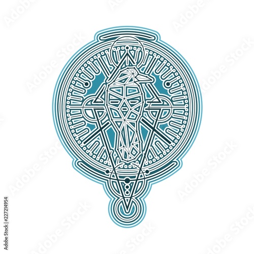 Mystical geometry symbol. Linear alchemy, occult, philosophical sign. Low poly raven. For music album cover, poster, sacramental design. Astrology and religion concept.