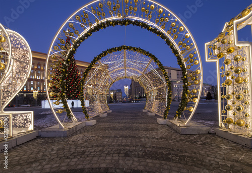 Christmas (New Year holidays) decoration Lubyanskaya (Lubyanka) Square in the evening, Moscow, Russia photo