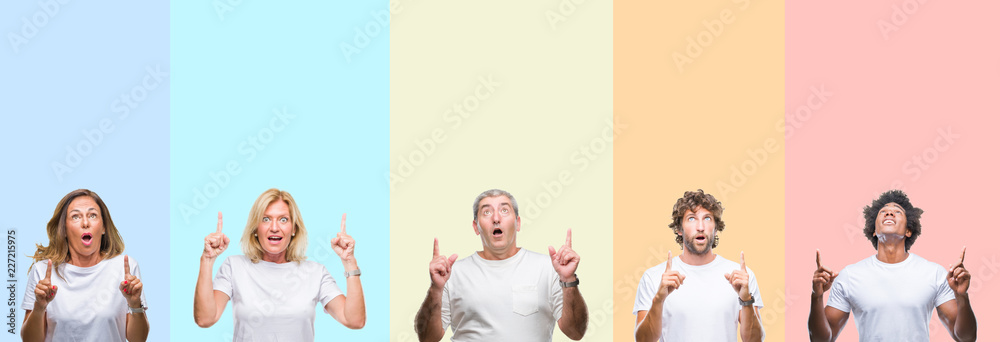 Fototapeta premium Collage of group of young and middle age people wearing white t-shirt over color isolated background amazed and surprised looking up and pointing with fingers and raised arms.