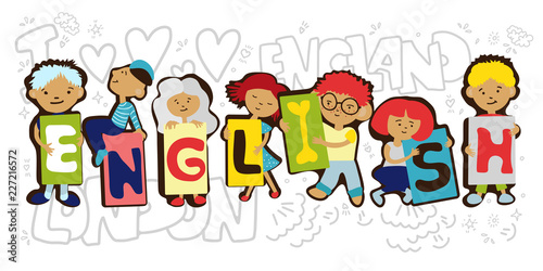 Design Concept Of Word ENGLISH Website Banner. Cartoon kids holding letters ENGLISH in one line. Vector cartoon illustration with kids and learning English concept
