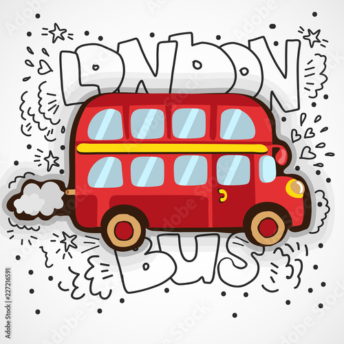 Modern vector illustration London with hand drawn doodle english symbol - red double decker bus. Simple cartoon sketch design of London bus. Touristic logo, icon with decoration elements