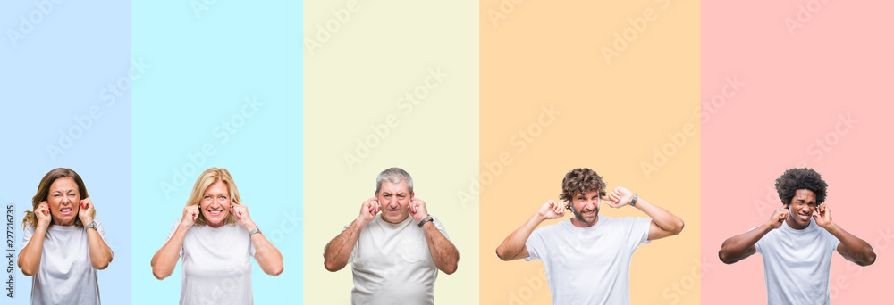 Obraz premium Collage of group of young and middle age people wearing white t-shirt over color isolated background covering ears with fingers with annoyed expression for the noise of loud music. Deaf concept.