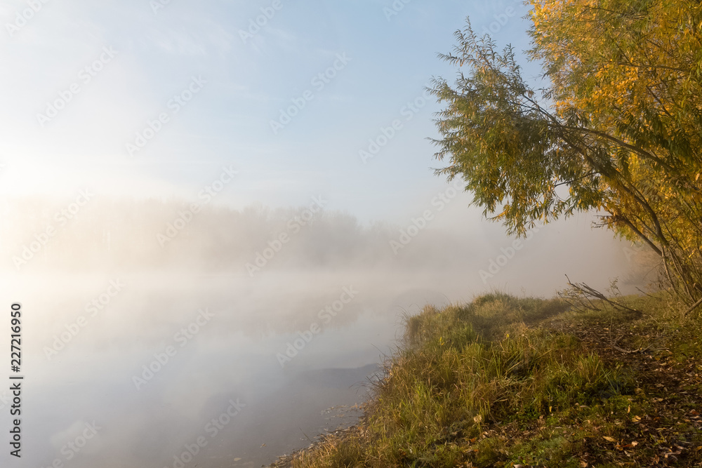 Morning autumn scenery on the bank of the river, wrapped in fog, through which the rays of the sun make their way.